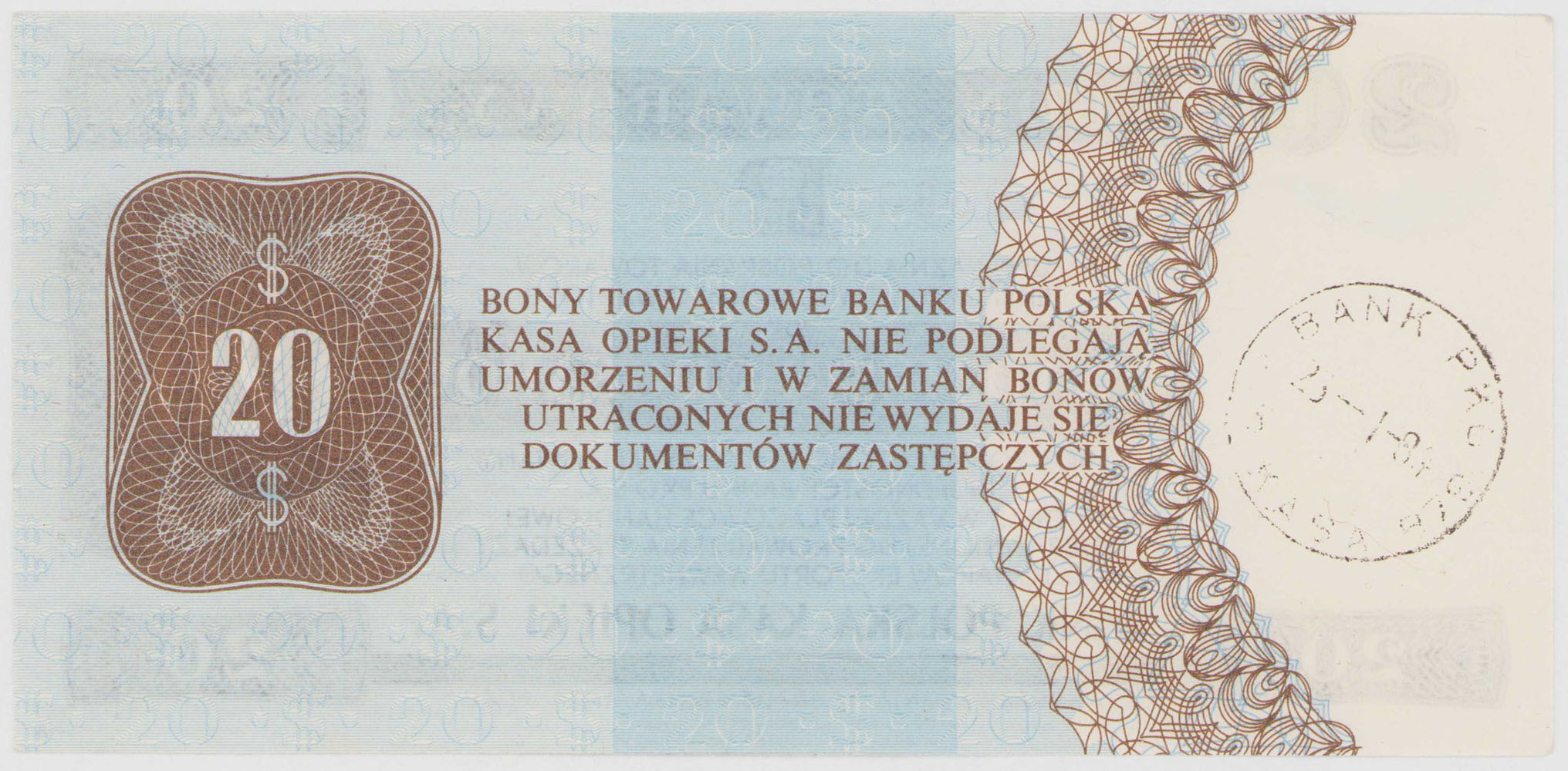 Bon towarowy PeKaO. 20 dolarów 1979, seria HH